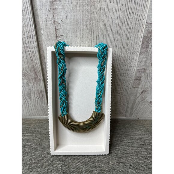 Turquoise & Gold Tone Braided Beaded Necklace w/ Brass Clasp Womens Fashion - Picture 1 of 4